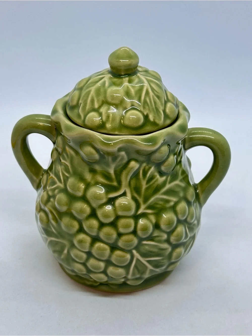Vintage Green Grape Vine Ceramic Sugar Bowl with Lid and Creamer Set*Has Crazing